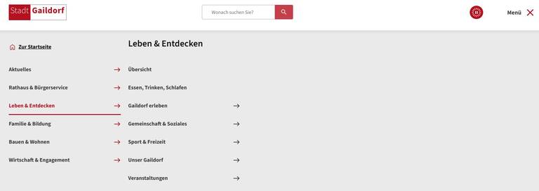 Menü offen - Bereich: Leben & Entdecken